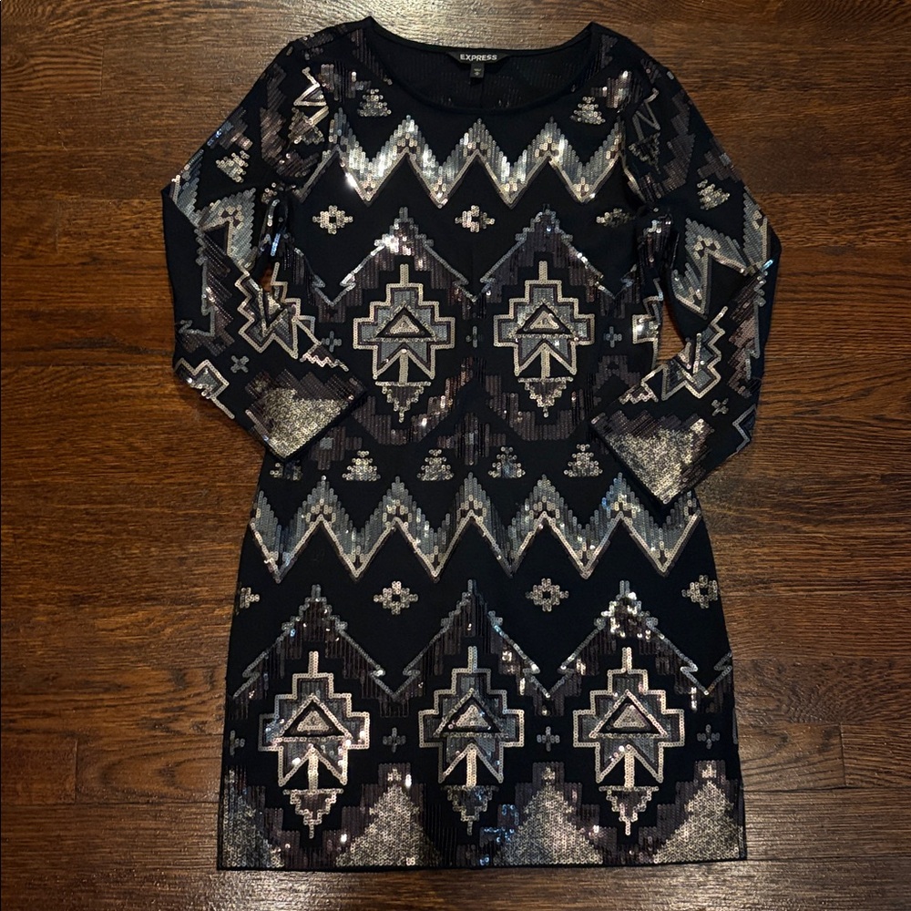 Express Black and Silver Geometric Sequin Midi Dress